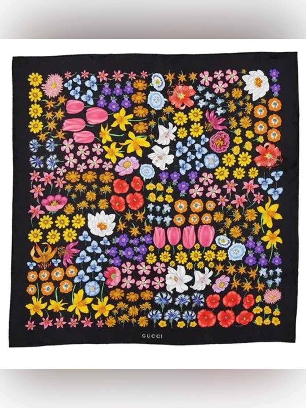 NEW GUCCI BLACK FLORAL PRINT LOGO HERBARIUM 100% TWILL SILK SCARF W/BOX